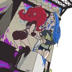  ass assertive back bike_shorts blue_hair blue_tongue boots breastplate crop_top domino_mask fangs from_behind full_body hand_in_hair inkling jacket long_hair long_sleeves mask multiple_girls octarian octoling one_eye_closed open_mouth paint paint_splatter pani_spla pointy_ears red_hair short_sleeves splatoon_(series) splatoon_2 squidbeak_splatoon sweatdrop takozonesu teeth tentacle_hair tongue tongue_out wrist_grab yellow_eyes 
