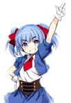  :d arm_up bangs blue_eyes blue_hair blue_jacket blue_skirt blush collared_shirt eyebrows_visible_through_hair gloves grin hair_ribbon hand_on_hip head_tilt jacket kurasuke long_hair looking_at_viewer mio_sasuga necktie open_mouth pointing pointing_up puffy_short_sleeves puffy_sleeves red_neckwear red_ribbon ribbon shirt short_sleeves simple_background sketch skirt smile solo super_robot_wars v-shaped_eyebrows white_background white_gloves white_shirt 