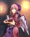  ass bird_wings choko_(cup) cup from_side hair_between_eyes head_scarf highres japanese_clothes looking_at_viewer mystia_lorelei obi okamisty open_mouth ototobe pink_eyes pink_hair sash sleeves_rolled_up solo tareme tokkuri touhou translation_request tray wings 