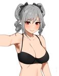  3: arm_at_side arm_up armpits black_bra blurry blush bow bra breasts cleavage closed_mouth depth_of_field drill_hair eyebrows_visible_through_hair grey_hair hair_bow idolmaster idolmaster_cinderella_girls kanzaki_ranko large_breasts looking_at_viewer medium_hair reaching_out red_eyes self_shot senju_(snz0) simple_background solo twin_drills twintails underwear upper_body white_background 