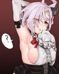  :o ? ahoge arm_behind_head armpits azur_lane bangs black_skirt blush bow bowtie breasts center_frills commentary_request cover detached_sleeves eyebrows_visible_through_hair eyes_visible_through_hair facial_scar frilled_sleeves frills gradient gradient_background hair_over_one_eye hand_up heterochromia high-waist_skirt highres large_breasts long_sleeves looking_at_viewer meme_attire open_mouth orange_eyes purple_eyes red_background red_bow red_neckwear scar sideboob skirt sleeves_past_wrists solo speech_bubble spoken_question_mark taremayu_(kikai_tomato) terror_(azur_lane) virgin_killer_outfit 