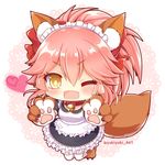  ;d animal_ears apron bell bell_collar cat_paws collar commentary_request fangs fate/grand_order fate_(series) fox_ears fox_tail heart long_hair looking_at_viewer maid maid_apron maid_headdress one_eye_closed open_mouth paws pink_hair ponytail smile solo tail tamamo_(fate)_(all) tamamo_cat_(fate) thighhighs twitter_username v-shaped_eyebrows white_legwear yellow_eyes yukiyuki_441 zettai_ryouiki 