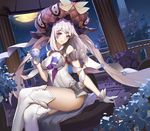  absurdres bare_shoulders breasts commentary_request covered_navel crossed_legs cup fate/grand_order fate_(series) gloves hat highres legs long_hair looking_at_viewer marie_antoinette_(fate/grand_order) medium_breasts moon night parted_lips pinky_out silver_eyes silver_hair smile solo sunshine_(1638509769) teacup thighs twintails very_long_hair white_gloves white_legwear 