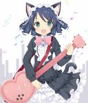  :3 :d animal_ears bangs beamed_eighth_notes beamed_sixteenth_notes bell black_dress black_hair blush bow bowtie cat_ears cat_girl cat_tail commentary_request curly_hair cyan_(show_by_rock!!) dress eighth_note eyebrows_visible_through_hair fang frilled_dress frills green_eyes guitar heart_guitar holding instrument jingle_bell juliet_sleeves long_sleeves looking_at_viewer maccha musical_note open_mouth pink_neckwear puffy_sleeves quarter_note ribbon short_hair show_by_rock!! sleeves_past_wrists smile solo sparkling_eyes tail tareme treble_clef white_ribbon 