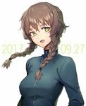  2017 :d amane_suzuha bangs blue_jacket braid breasts bright_pupils brown_hair commentary_request green_eyes jacket large_breasts long_hair long_sleeves looking_at_viewer oopartz_yang open_mouth smile solo steins;gate twin_braids upper_body white_pupils 