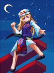  1girl blonde_hair constellation crescent_moon hat highres kunochai long_hair moon night pixel_art purple_eyes smile solo touhou yakumo_yukari 