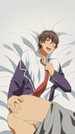  1boy anus ass brown_hair invitation looking_at_viewer lying male_focus school_uniform smile student tagme testicles undressing 