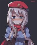  9a-91_(girls_frontline) bangs beret black_background blue_eyes blue_jacket blush breasts brown_gloves closed_mouth commentary_request eyebrows_visible_through_hair girls_frontline gloves hair_between_eyes hair_ornament hand_up hat jacket long_hair long_sleeves looking_at_viewer mauve medium_breasts nose_blush puffy_short_sleeves puffy_sleeves red_hat red_scarf scarf short_sleeves sideboob silver_hair simple_background smile solo star star_hair_ornament twitter_username very_long_hair 