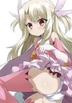  absurdres ass blonde_hair blush cape detached_sleeves fate/kaleid_liner_prisma_illya fate_(series) gloves highres illyasviel_von_einzbern lifted_by_self long_hair lying magical_girl on_side panties pink_legwear pink_shirt prisma_illya red_eyes shimejinameko shirt skirt skirt_lift solo thighhighs two_side_up underwear white_cape white_gloves white_panties white_skirt 