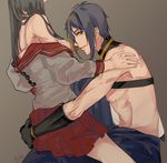  1girl bad_id bad_pixiv_id blue_eyes blue_hair bra brown_hair dongfang_yeyoushen female_saniwa_(touken_ranbu) hairband head_out_of_frame hetero highres long_hair looking_at_viewer mikazuki_munechika off_shoulder saniwa_(touken_ranbu) school_uniform shirtless sitting sitting_on_lap sitting_on_person solo_focus touken_ranbu underwear waist_hold 