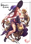  absurdres ass_grab bare_shoulders breasts brown_eyes brown_hair cleavage collarbone dated detached_sleeves dragon's_crown engrish glasses hat highres large_breasts long_hair looking_at_viewer ranguage sash shoes signature simple_background skeleton solo sorceress_(dragon's_crown) splish sweat thighs very_long_hair white_background witch_hat 