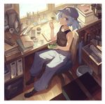  bare_arms black_tank_top blue_eyes blue_hair blue_hat book_stack bottle chair closed_mouth cucumber cup drawer eating from_above glue hair_between_eyes hair_bobbles hair_ornament hat indoors kawashiro_nitori key lighter looking_at_viewer lunchbox pants pencil pocket screwdriver sitting smile solo tank_top tape touhou trash_can window yamamomo_(plank) 