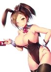  ;) animal_ears areola_slip areolae armpits bare_shoulders black_legwear black_leotard blush breasts brown_hair bunny_ears bunny_girl bunnysuit cleavage closed_mouth commentary_request cowboy_shot detached_collar earrings fake_animal_ears highleg highleg_leotard highres hyoudou_rena idolmaster idolmaster_cinderella_girls jewelry kara_(color) large_breasts leotard looking_at_viewer one_eye_closed ponytail short_hair smile solo thighhighs wrist_cuffs yellow_eyes 