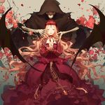  ask_(askzy) bat_wings blonde_hair choker cloak closed_eyes commentary_request cross death_(entity) dress grim_reaper hands_clasped headdress long_hair long_sleeves miracle_nikki own_hands_together parted_lips red_dress ribbon_choker skeleton very_long_hair wavy_hair wings 