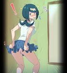  ass bare_legs blue_eyes blue_hair blush breasts caught commentary_request e_keroron looking_at_viewer mature medium_breasts miniskirt panties pokemon pokemon_(anime) pokemon_sm_(anime) skirt skirt_tug solo suiren's_mother_(pokemon) surprised underwear 
