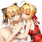  ;d ahoge armpits artoria_pendragon_(all) bangs bare_shoulders blonde_hair blush bow breasts camisole closed_mouth commentary fate/extra fate/stay_night fate/unlimited_codes fate_(series) ganik green_eyes hair_bow hair_intakes hair_ribbon highres looking_at_viewer medium_breasts modern_costume_of_crimson multiple_girls nero_claudius_(fate) nero_claudius_(fate)_(all) one_eye_closed open_mouth ponytail ribbon saber_lily sideboob sitting smile strap_slip yellow_eyes 