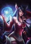  ahri alexandra_mae animal_ears artist_name banned_artist bare_shoulders bell black_hair black_nails blurry breasts cleavage depth_of_field detached_sleeves energy_ball fox_ears fox_tail hand_behind_head jingle_bell large_breasts league_of_legends long_hair nail_polish red_lips signature slit_pupils smile solo tail watermark web_address whisker_markings yellow_eyes 