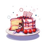  1girl blueberry bow brown_hair cake detached_sleeves food fruit hair_bow hair_ornament hair_tubes hakurei_reimu kunochai pixel_art plate raspberry red_eyes short_hair sitting socks solo strawberry touhou transparent_background 