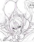  1boy 1girl all_fours ass breasts female handjob hetero huge_ass large_breasts leotard long_hair masturbation monochrome negresco penis sketch smile solo t-elos thong_leotard xenosaga 