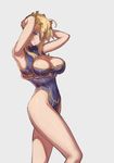  ahoge armpits arms_behind_head arms_up artoria_pendragon_(all) artoria_pendragon_(lancer) bangs bare_arms bare_legs bare_shoulders blonde_hair blue_eyes blue_leotard blush breasts cleavage cleavage_cutout closed_mouth covered_navel crown emoto_reishi eyebrows eyebrows_visible_through_hair eyes_visible_through_hair fate/grand_order fate_(series) frown hair_between_eyes head_tilt highleg highleg_leotard highres large_breasts legs leotard light_frown long_hair looking_at_viewer sidelocks silver_background simple_background solo standing taut_clothes taut_leotard 