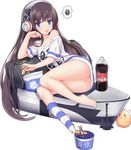  aircraft airplane aixioo ass azur_lane barefoot between_toes bird black_hair blue_eyes breasts chick chips cleavage clothes_writing cola controller eating food foot_hold full_body headphones holding long_hair long_island_(azur_lane) lying machinery mouth_hold no_shoes off-shoulder_shirt official_art potato_chips remote_control shirt single_sock small_breasts socks soda_bottle spoken_squiggle squiggle striped striped_legwear t-shirt tachi-e translation_request transparent_background 