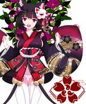  animal_ears azur_lane bangs bell black_hair black_kimono breasts cat_ears fang flower fox_mask highres japanese_clothes jingle_bell kimono long_sleeves looking_at_viewer mask mask_on_head medium_breasts navel no_bra obi open_mouth panties red_eyes sash short_hair short_kimono sideboob simple_background smile solo thighhighs underwear white_legwear white_panties wide_sleeves yamashiro_(azur_lane) zamu_rn 