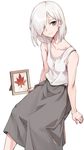  bare_arms bare_shoulders closed_mouth collarbone commentary grey_eyes grey_skirt hair_over_one_eye highres leaf looking_at_viewer maple_leaf oopartz_yang original portrait_(object) shirt short_hair simple_background skirt sleeveless sleeveless_shirt smile solo uma_(oopartz_yang) white_background white_hair white_shirt 