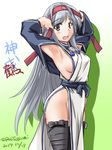  ainu_clothes armpits black_legwear brown_eyes character_name commentary_request cosplay cowboy_shot cropped_jacket dated green_background grey_hair hairband kamoi_(kantai_collection) kamoi_(kantai_collection)_(cosplay) kantai_collection long_hair long_sleeves no_panties open_mouth red_hairband shoukaku_(kantai_collection) solo tatsumi_ray thighhighs twitter_username wrist_guards 