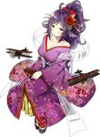  ahoge aircraft alternate_costume alternate_hairstyle azur_lane b1m breasts brown_eyes chocolate chocolate_heart cleavage flower full_body hagoromo hair_flower hair_ornament heart houshou_(azur_lane) japanese_clothes kimono large_breasts off_shoulder official_art purple_hair shawl sky_(freedom) smile socks solo tachi-e transparent_background 
