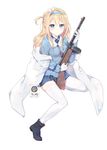  blonde_hair blue_eyes girls_frontline gun headband holding holding_gun holding_weapon jacket long_hair looking_at_viewer military military_uniform revision silltare sitting solo submachine_gun suomi_kp/-31 suomi_kp31_(girls_frontline) thighhighs uniform weapon 
