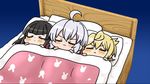  :&lt; aczhalz ahoge akatsuki_kirika animal_print bangs bed black_hair blonde_hair blunt_bangs blush_stickers bunny_print girl_sandwich lying multiple_girls on_back pillow purple_hair sandwiched senki_zesshou_symphogear sleeping tsukuyomi_shirabe yukine_chris 