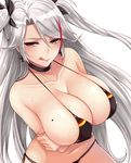  :q azur_lane bangs bare_shoulders bikini black_bikini black_neckwear blush breast_hold breast_squeeze breasts brown_eyes choker cocq_taichou collarbone commentary_request cross cross_earrings crossed_arms earrings grey_hair hair_between_eyes iron_cross jewelry large_breasts licking_lips long_hair looking_at_viewer mole mole_on_breast multicolored_hair naughty_face prinz_eugen_(azur_lane) simple_background solo streaked_hair sweat swimsuit tongue tongue_out two_side_up upper_body very_long_hair white_background 