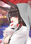  akagi_(azur_lane) animal_ears azur_lane bangs black_hair blunt_bangs blush breasts closed_mouth commentary_request day eyebrows_visible_through_hair fox_ears fox_mask fox_tail from_side hand_up hood hood_up large_breasts long_hair looking_at_viewer mask multiple_tails nail_polish nuko_(mikupantu) oriental_umbrella outdoors rain red_eyes red_nails smile solo straight_hair tail tsurime umbrella upper_body 