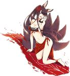  akagi_(azur_lane) animal_ears azur_lane bare_shoulders bikini black_hair black_scrunchie breasts cleavage collarbone commentary_request eyeshadow flight_deck fox_ears fox_tail hao_(patinnko) large_breasts looking_at_viewer makeup multiple_tails official_art ponytail red_eyes scrunchie solo swimsuit tachi-e tail transparent_background 