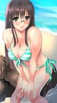  :d aqua_bikini beach bikini black_eyes black_hair breasts cleavage day glasses hands_on_own_knees highres large_breasts leaning_forward looking_at_viewer miracle_hoshi morikawa_mio navel open_mouth original outdoors side-tie_bikini smile solo standing striped striped_bikini swimsuit 