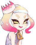  1girl bare_shoulders crown dress gradient_hair hair_ornament hime_(splatoon) jtveemo mole multicolored_hair open_mouth pink_hair simple_background sleeveless sleeveless_dress smile solo splatoon splatoon_(series) splatoon_2 squid teeth tentacle tentacle_hair white_background white_hair zipper_pull_tab 