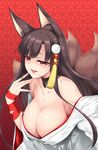  akagi_(azur_lane) animal_ears azur_lane bangs bare_shoulders black_hair blush breasts cleavage collarbone commentary_request eyebrows_visible_through_hair fox_ears fox_tail hair_ornament hand_up highres japanese_clothes kimono kyuubi large_breasts long_hair looking_at_viewer multiple_tails nakano_sora open_mouth red_eyes smile solo straight_hair tail upper_body white_kimono 
