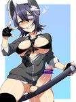  between_breasts bikini_top blush bottomless breasts censored colorized cowboy_shot fingerless_gloves futanari gloves grin ikeshita_moyuko kantai_collection necktie necktie_between_breasts penis scabbard sheath simple_background smile solo source_request straddling tenryuu_(kantai_collection) testicles thighhighs 