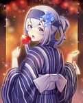  bandana blue_eyes blue_kimono candy_apple commentary floral_print flower folded_ponytail food from_behind hair_flower hair_ornament headband highres japanese_clothes kamoi_(kantai_collection) kantai_collection kimono long_hair looking_at_viewer looking_back open_mouth pantsu_majirou print_headband sidelocks solo striped striped_kimono thick_eyebrows upper_body vertical-striped_kimono vertical_stripes white_hair 