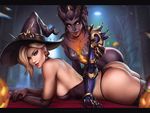  alternate_costume ass black_hair breasts cleavage dandon_fuga dragon_girl dragon_symmetra elbow_gloves gloves hat horns looking_at_viewer lying mechanical_arm medium_breasts mercy_(overwatch) monster_girl multiple_girls on_stomach overwatch small_breasts smile symmetra_(overwatch) witch_hat witch_mercy 