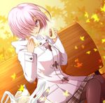  :d alternate_costume black_legwear cimeri day dutch_angle eyebrows_visible_through_hair eyewear_visible_through_hair fate/grand_order fate_(series) food glasses hair_between_eyes hair_over_one_eye holding holding_food looking_at_viewer mash_kyrielight miniskirt open_mouth outdoors pantyhose pink_hair purple_eyes shiny shiny_clothes short_hair sitting skirt smile solo white_coat 