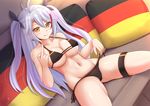  :q ahoge azur_lane bangs bikini black_bikini black_bow blush bow breasts brown_eyes closed_mouth collarbone commentary couch dutch_angle eyebrows_visible_through_hair flag_print german_flag german_flag_bikini grey_hair hair_bow highlights highres kazenokaze large_breasts long_hair looking_at_viewer middle_finger mole mole_on_breast multicolored_hair navel on_couch pillow prinz_eugen_(azur_lane) red_hair revision side-tie_bikini sidelocks sitting smile solo spread_legs swimsuit thighs tongue tongue_out two_side_up underboob untied untied_bikini 