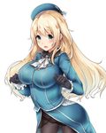  atago_(kantai_collection) beret black_gloves black_legwear blonde_hair blue_eyes breasts gloves haregama_shiina hat highres kantai_collection large_breasts long_hair long_sleeves military military_uniform open_mouth pantyhose simple_background solo uniform white_background 
