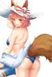  absurdres animal_ears ass bikini blue_bikini blush breasts commentary_request ears_through_headwear fate/grand_order fate_(series) fox_ears fox_tail hat highres innertube large_breasts long_hair looking_at_viewer open_mouth pink_hair simple_background solo sun_hat swimsuit tail tamamo_(fate)_(all) tamamo_no_mae_(swimsuit_lancer)_(fate) white_background white_hat yellow_eyes zombcx 