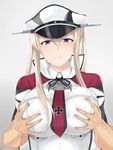 anchor blue_eyes blush breast_grab breast_squeeze breasts capelet collared_shirt frown grabbing grabbing_from_behind graf_zeppelin_(kantai_collection) hat highres jacket kantai_collection large_breasts long_hair looking_at_viewer maruya1006 necktie peaked_cap red_neckwear shirt sidelocks simple_background solo_focus twintails upper_body white_background white_hat white_jacket 