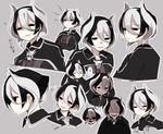  annoyed black_cape black_hair blush cape commentary_request disgust empty_eyes expressionless expressions eyebrows_visible_through_hair grey_background grey_hair hair_between_eyes half-closed_eyes jacket jitome looking_at_viewer made_in_abyss miruko_(milkyuoxou) multicolored_hair multiple_views ozen parted_lips profile shaded_face short_hair simple_background smile two-tone_hair whistle 