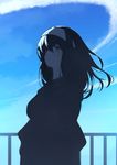  black_hair blue_sky condensation_trail day from_side green_eyes hairband idolmaster idolmaster_cinderella_girls long_hair long_sleeves looking_away looking_up outdoors railing rheez sagisawa_fumika sky solo standing 