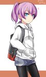  backpack bag bangs black_legwear blue_eyes blush casual cat_zipper commentary_request cowboy_shot dated eyebrows_visible_through_hair eyes_visible_through_hair grey_shorts hair_between_eyes hair_tie hands_in_pockets hebitsukai-san high_ponytail highres hood hood_down hoodie kantai_collection legwear_under_shorts long_sleeves looking_at_viewer looking_to_the_side pantyhose pantyhose_under_shorts pink_hair pocket ponytail shiranui_(kantai_collection) short_shorts shorts solo twitter_username zipper 
