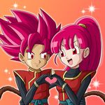  1girl beat_(dragon_ball) blush dragon_ball dragon_ball_heroes heart heart_hands heart_hands_duo karoine note_(dragon_ball) open_mouth red_eyes red_hair saiyan smile super_saiyan super_saiyan_god tail 