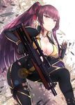  absurdres adapted_costume alternate_hairstyle blush bodysuit breasts bullpup cleavage girls_frontline gloves gun highres large_breasts long_hair looking_at_viewer ponytail purple_hair red_eyes rifle scope sniper_rifle wa2000_(girls_frontline) walther walther_wa_2000 weapon zhishi_ge_fangzhang 